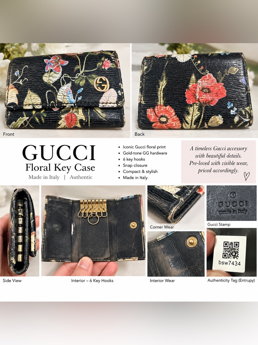 Gucci Black Floral-print 6 ring key case with Gold GG Accent